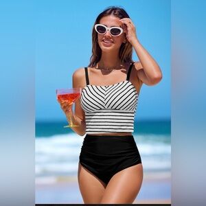 Cupshe Black & White Striped Tankini with High-Waist Bottoms